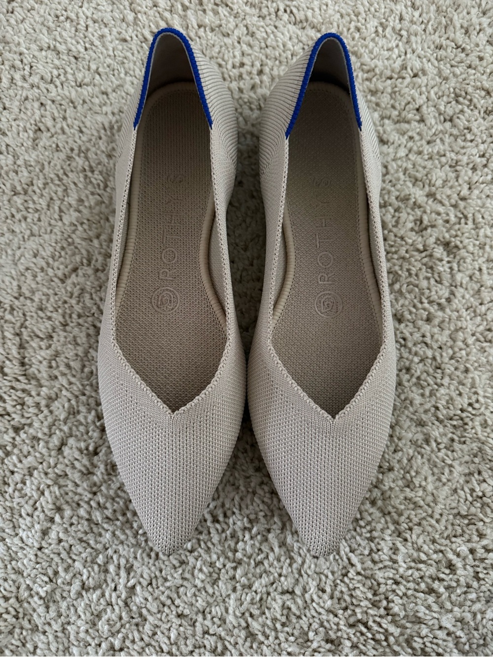 Rothy's Pointed Knit Flats in Taupe with Blue Trim